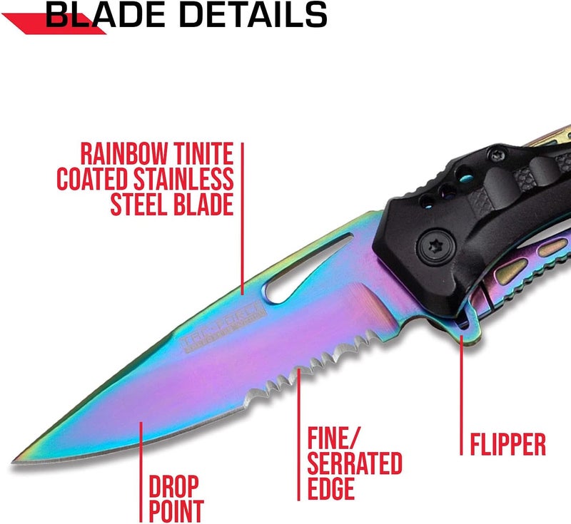 Tac-Force Folding Pocket Knife, 3.25-inch Serrated Rainbow Blade, Black Aluminum Handle, 7.75-inch Overall Length TF-705RB - Image 3